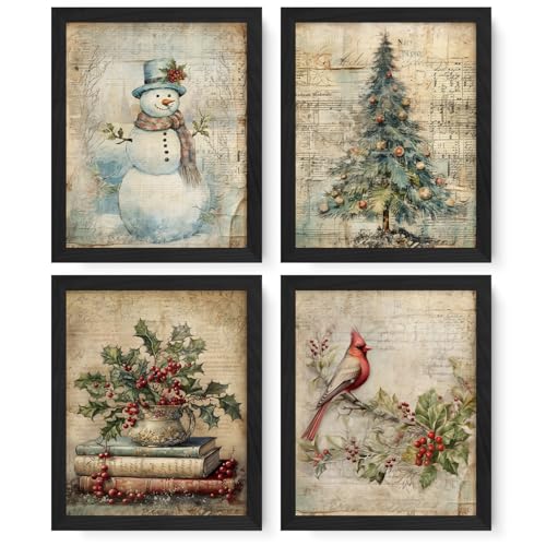 JXREQ Vintage Christmas Prints Wall Art Set of 4 Christmas Wall Decor Retro Christmas Snowman Wall Art Christmas Cardinal Trees Bird Posters for Home Bedroom Living Room Office 8x10 Unframed - Image 1