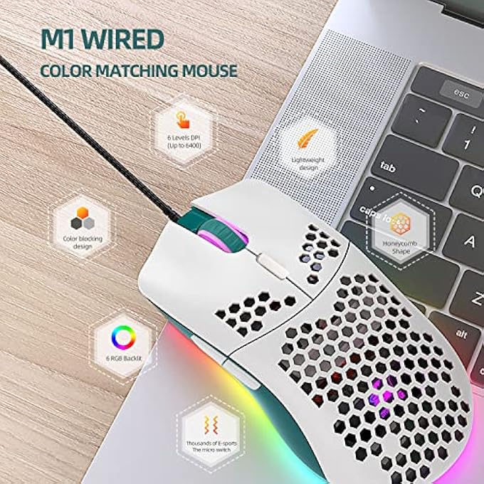 rayihni WIRED GAMING MOUSE, 69G HONEYCOMB SHELL LIGHTWEIGHT MOUSE WITH 6400 DPI, 6 BUTTON PROGRAMMABLE USB GAMING MICE, FOR PC GAMERS AND XBOX AND PS4 USERS-GREEN WHITE MIXED - Image 2
