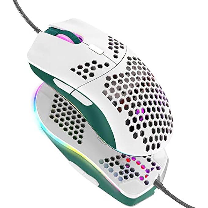 rayihni WIRED GAMING MOUSE, 69G HONEYCOMB SHELL LIGHTWEIGHT MOUSE WITH 6400 DPI, 6 BUTTON PROGRAMMABLE USB GAMING MICE, FOR PC GAMERS AND XBOX AND PS4 USERS-GREEN WHITE MIXED - Image 1