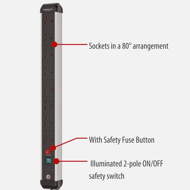 Brennenstuhl Premium-Alu-Line 8-Way Extension Lead (Power Strip with Safety Fuse Button, 3m Cable, Made in Germany) Black/Silver - Image 2