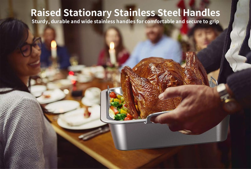 Skyflame Roasting Pan with Rack for Turkey, Stainless Steel Silver Rectangular Barbecue Bakeware Roaster Pan with Nonstick U-Rack for Indoor/Outdoor Oven Cooking - Image 5