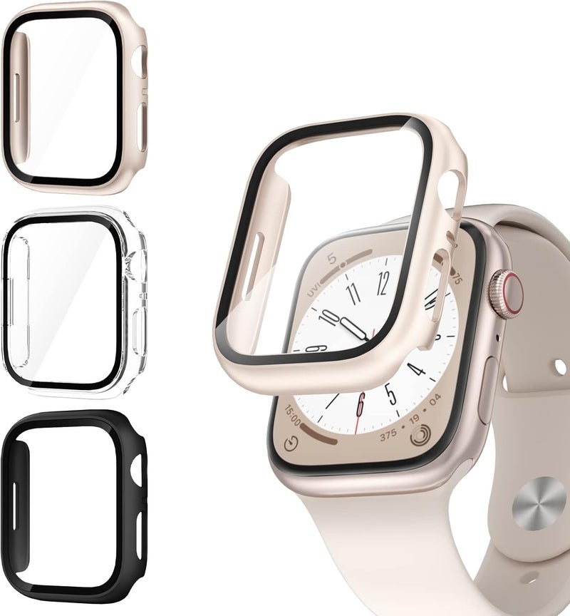 Commuter Apple Watch 8 ＆ Apple Watch 7 Screen Protector 45mm, [3 Pack] Hard PC Ultra-Thin Protective Face Cover Case Built-in Tempered Glass Film for Apple Watch 8/7 45mm, Black/Clear/Starlight - Image 1