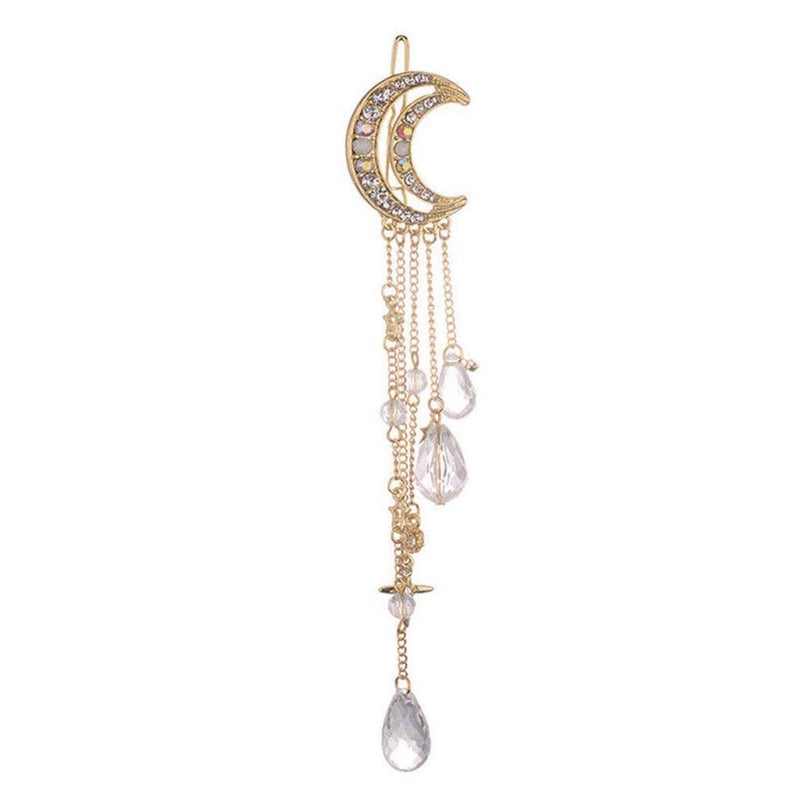 Romantic Crescent Moon Star Crystal Dangle Hairpin Rhinestone Beads Hair Clips Bridal Jewelry Tassel Drop Hair Pins Bobby Pins For Women Girls Hair Accessories Gold