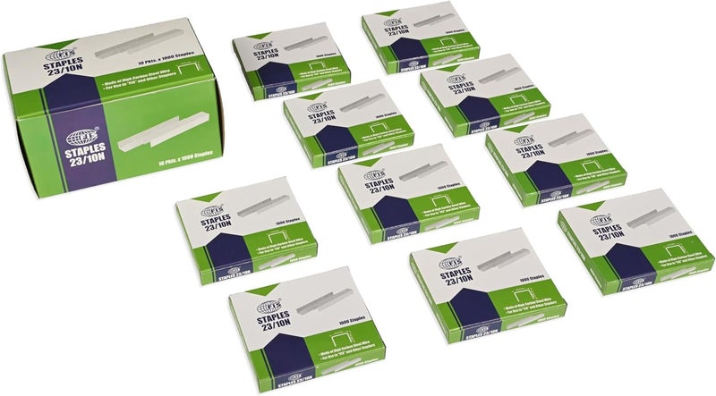 FIS Stapler Pins 23/10 - 1000 Staples per Packet, Pack of 10, High Carbon Steel - Image 1