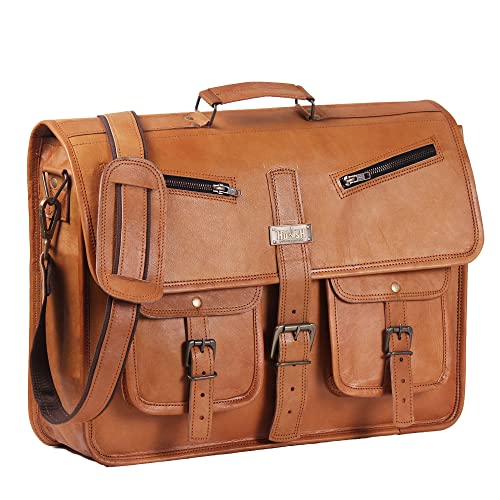 HULSH Leather Messenger Bag for Men and Women in 18 Inch | Best Laptop Briefcase Satchel with Adjustable Strap | Genuine Leather Handmade Computer Shoulder Bag for Business, Office, Travel - Image 1