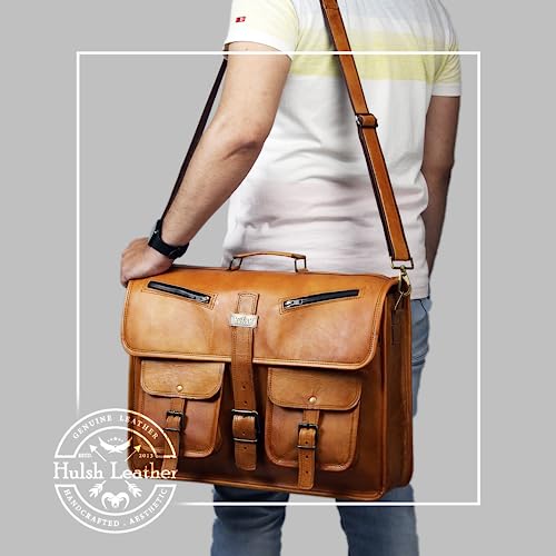 HULSH Leather Messenger Bag for Men and Women in 18 Inch | Best Laptop Briefcase Satchel with Adjustable Strap | Genuine Leather Handmade Computer Shoulder Bag for Business, Office, Travel - Image 2
