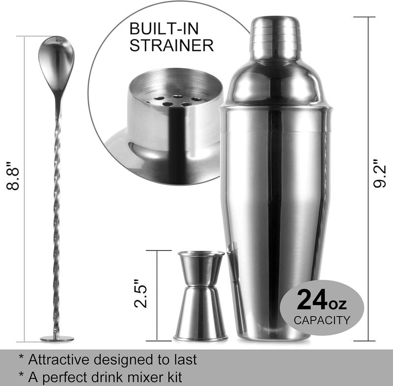 WPHUAW 24oz Cocktail Shaker Bar Set-Professional Margarita Mixer Drink Shaker and Measuring Jigger & Mixing Spoon Set Professional Stainless Steel Bar Tools Built-in Bartender Strainer for Martini Kit - Image 3