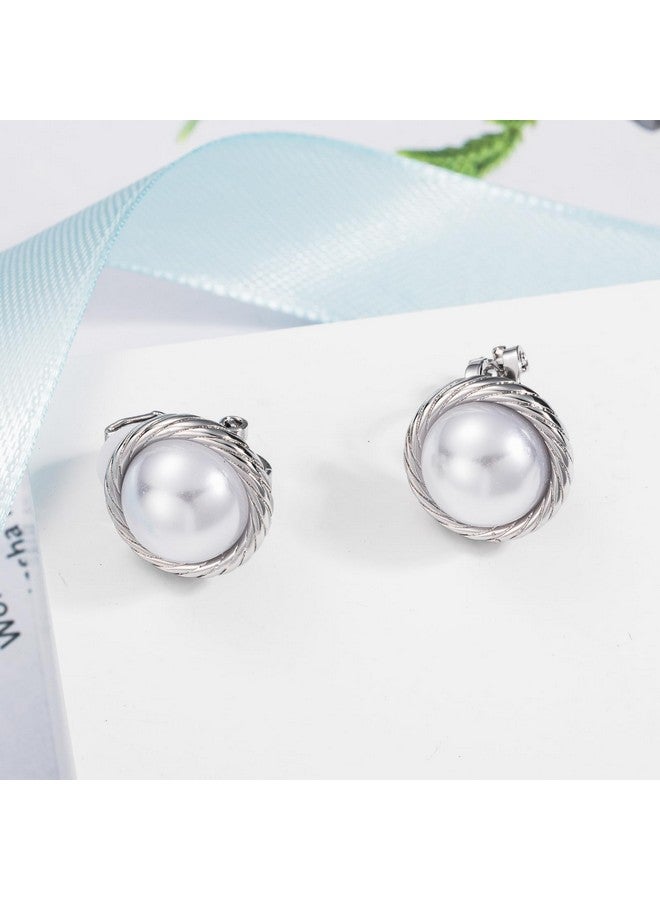 SELOVO Clip On Earrings Not Pierced Twisted Simulated Pearl Clip Studs For Women Silver Tone - Image 3