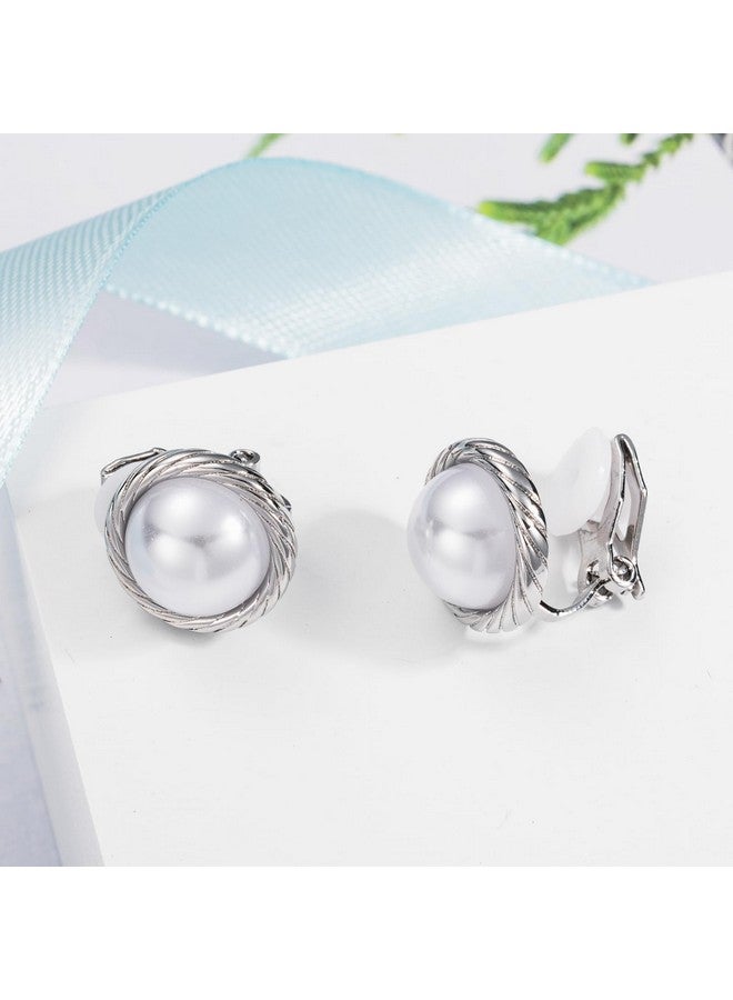 SELOVO Clip On Earrings Not Pierced Twisted Simulated Pearl Clip Studs For Women Silver Tone - Image 2