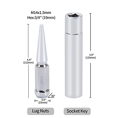 ChnewAuto M14x1.5 Lug Nuts 14x1.5 Spike Lug Nuts M14 x 1.5 Spiked Lug Nut Chrome Set of 32 with 2 Socket Keys 19mm Hex 4.4" Tall 14mmx1.5 Bullet Lug Nuts Wheel Nuts - Image 3