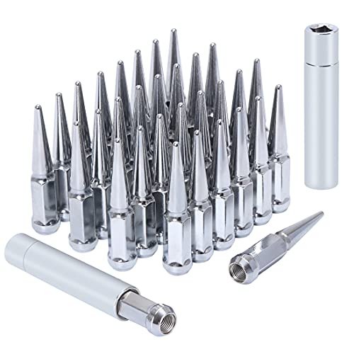 ChnewAuto M14x1.5 Lug Nuts 14x1.5 Spike Lug Nuts M14 x 1.5 Spiked Lug Nut Chrome Set of 32 with 2 Socket Keys 19mm Hex 4.4" Tall 14mmx1.5 Bullet Lug Nuts Wheel Nuts - Image 1