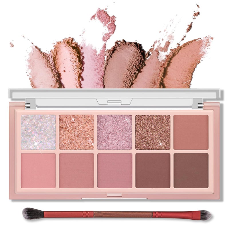 Erinde 10 Colors Eyeshadow Palette Makeup  Matte Shimmer Glitter Eye Shadow NaturalLooking Korean Eye Makeup UltraBlendable High Pigmented Pink Christmas Eyeshadow Palette with Brush Rose Pink