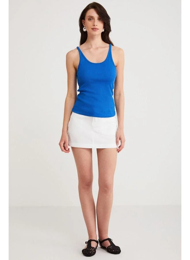 Ethiquet Lızeth Women's Slim Fit Narrow Cut V-Neck Thin Strap Basic Blue Tank Top