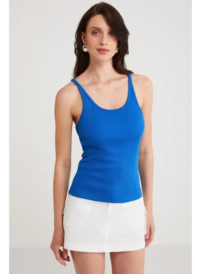 Ethiquet Lızeth Women's Slim Fit Narrow Cut V-Neck Thin Strap Basic Blue Tank Top