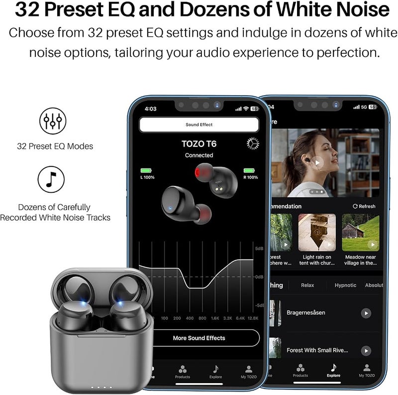 TOZO T6 Wireless Earbuds, Bluetooth 5.3 Ear Buds, Stereo Sound in Ear Headphones, 50 Hours Playtime, Wireless Charging Case, APP Customizable EQs, IPX8 Waterproof Earphones - Image 3