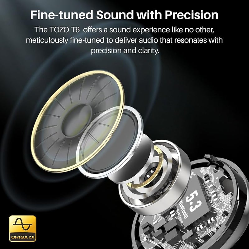 TOZO T6 Wireless Earbuds, Bluetooth 5.3 Ear Buds, Stereo Sound in Ear Headphones, 50 Hours Playtime, Wireless Charging Case, APP Customizable EQs, IPX8 Waterproof Earphones - Image 2