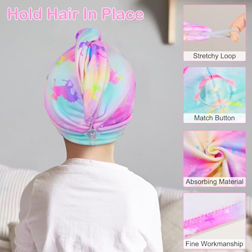 Basumee Microfiber Hair Towel Wrap for Kids 2 Pack Rapid Drying Hair Towel with Button Hair Turbans for Wet Hair Wraps Head Towel Wrap for Women and Girls, Colorful Unicorn - Image 4