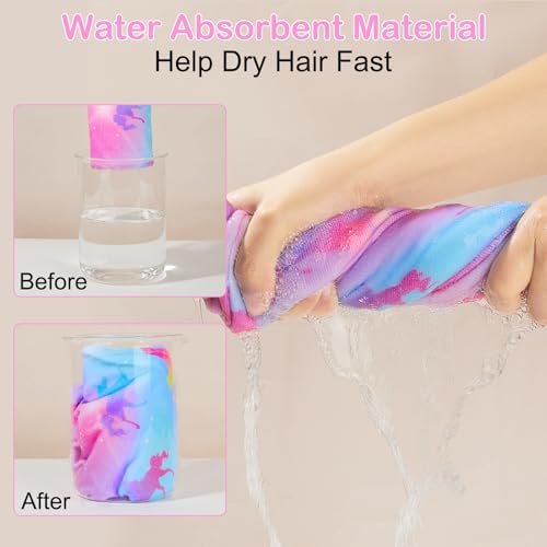 Basumee Microfiber Hair Towel Wrap for Kids 2 Pack Rapid Drying Hair Towel with Button Hair Turbans for Wet Hair Wraps Head Towel Wrap for Women and Girls, Colorful Unicorn - Image 2