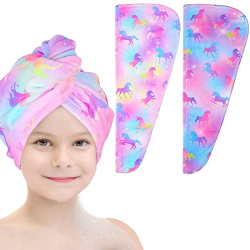 Basumee Microfiber Hair Towel Wrap for Kids 2 Pack Rapid Drying Hair Towel with Button Hair Turbans for Wet Hair Wraps Head Towel Wrap for Women and Girls, Colorful Unicorn - Image 1