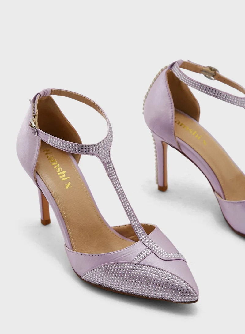 Namshi x Diamante Pattern Ankle Strap Pump