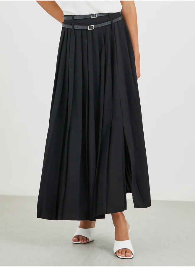 ستايلي Styli Solid Gathered Detail A-Line Maxi Skirt with Belt Detail