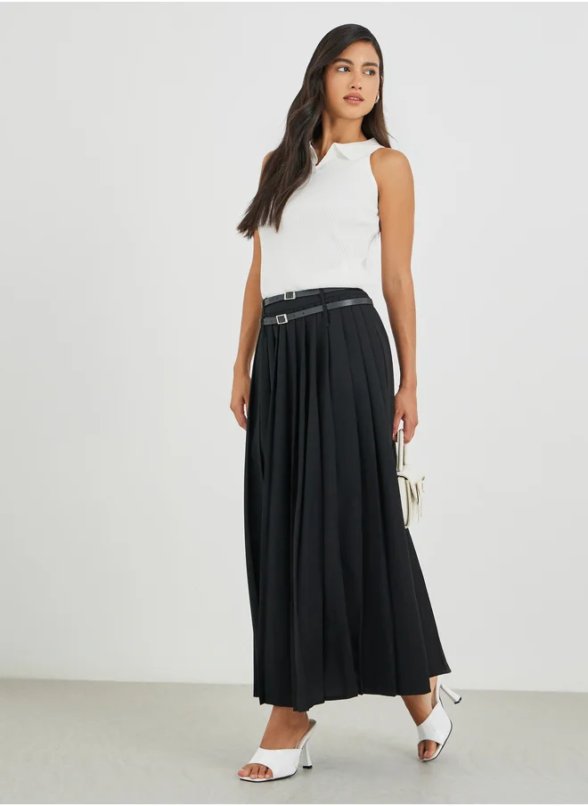ستايلي Styli Solid Gathered Detail A-Line Maxi Skirt with Belt Detail