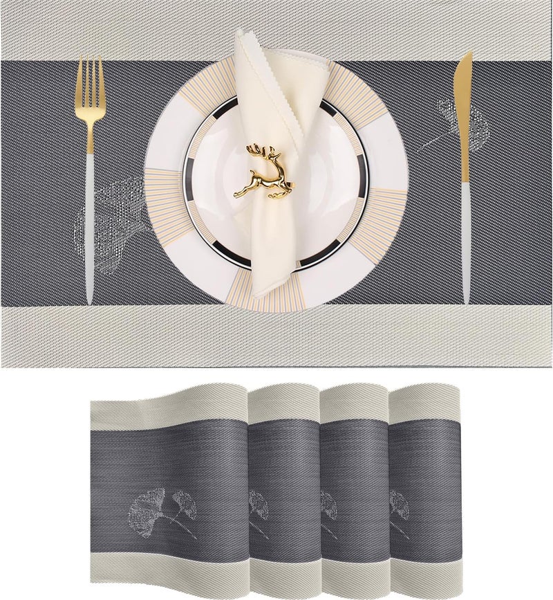 pigchcy Ginkgo Placemats Set of 4, Non-Slip Placemats Easy to Wipe Clean Kitchen Durable Table Mats for Home/Dining Room Decoration (Black Gray,18 X 12 inches) - Image 1