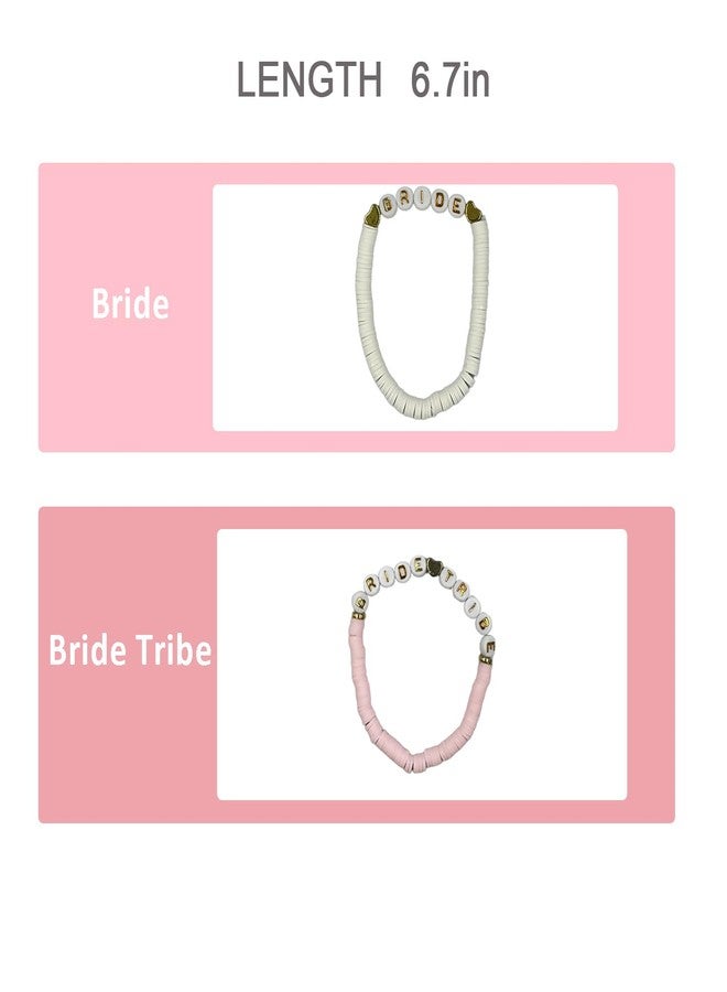 Mowane Bachelorette Party Favors, Wedding Gifts, 8 Pcs 6.7 inch Pink Bride Tribe Clay Bead Bracelet Preppy Bracelet Stretch for Women Bridal Shower Decorations Boho Disc Party Beach Supplies (1White + 7Pink) - Image 4