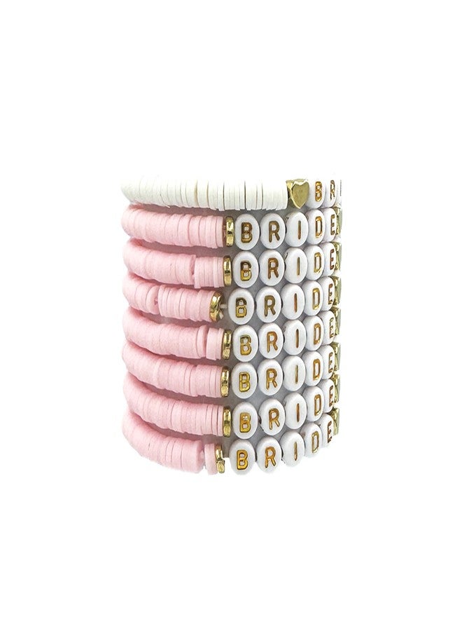 Mowane Bachelorette Party Favors, Wedding Gifts, 8 Pcs 6.7 inch Pink Bride Tribe Clay Bead Bracelet Preppy Bracelet Stretch for Women Bridal Shower Decorations Boho Disc Party Beach Supplies (1White + 7Pink) - Image 2