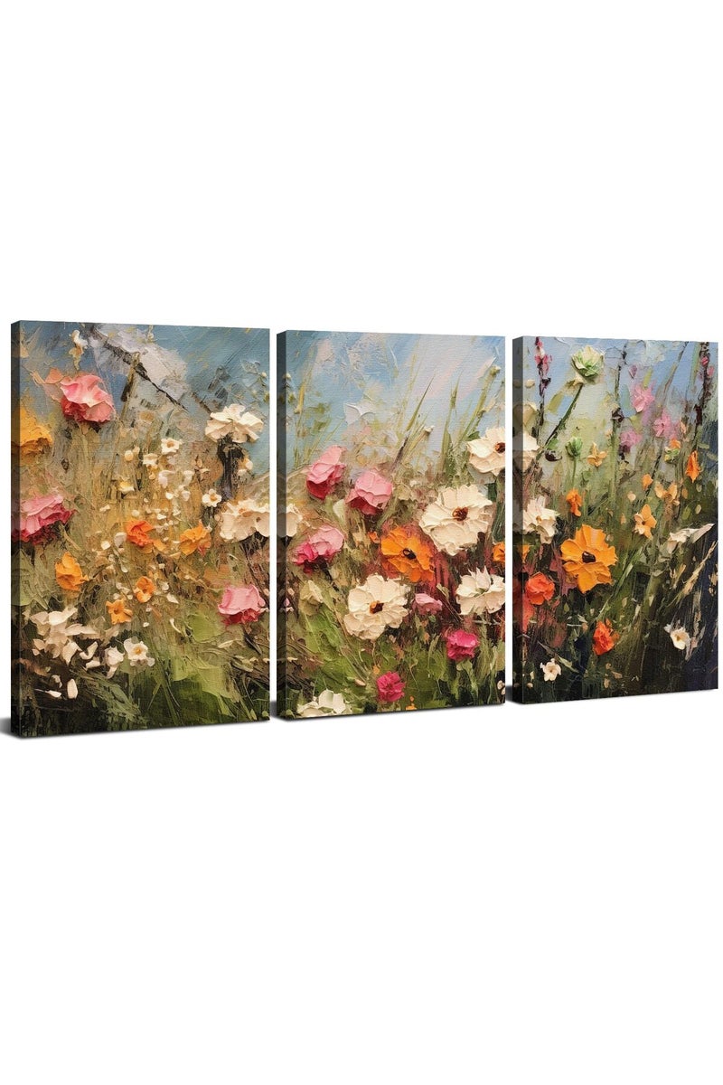 sunfrower Colorful Flower Wall Art Abstract Poppy Floral Poster for Living Room Vintage Wildflower Painting Bathroom Wall Decor Nature Landscape Plant Canvas Prints Botanical Picture Home Decorations 12x16" 3P - Image 1