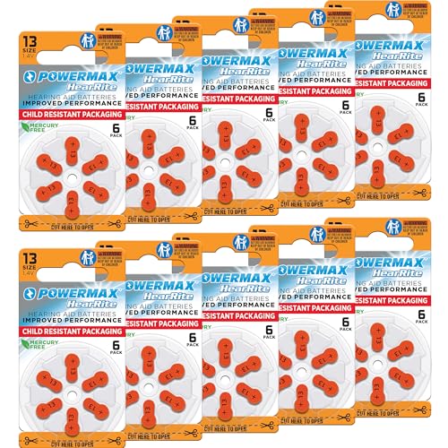 Powermax Size 13 Hearing Aid Batteries, 60 Count Long-Lasting Battery Pack, Orange Long Tab for Easy Change - Image 1