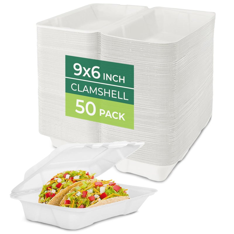 Freshware Clamshell Food Containers with Lids [9x6 50-Pack] Disposable To Go Containers, Biodegradable Sugarcane To Go Boxes - Paper Container - Microwave & Freezer Safe, Stackable - Image 1