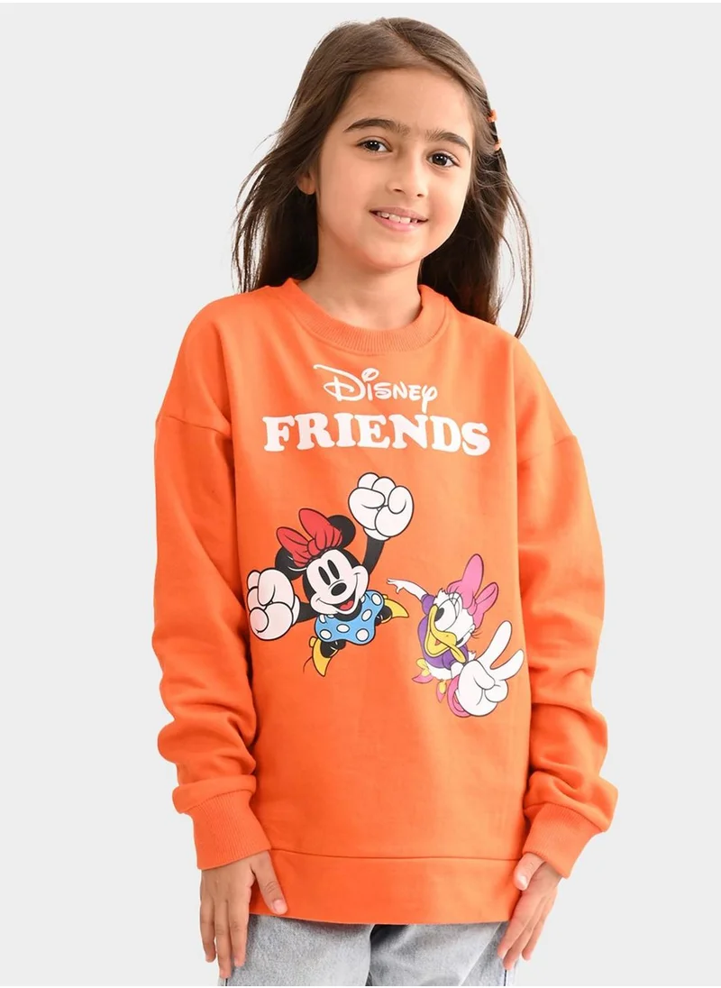 بونكيدز Regular Fit Printed Orange Cotton Sweatshirt For Girls Round Neck Flat Collar Pull On 100 % Cotton