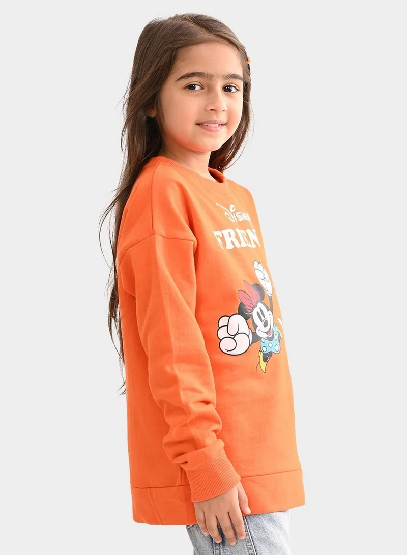 Bonkids Regular Fit Printed Orange Cotton Sweatshirt For Girls Round Neck Flat Collar Pull On 100 % Cotton