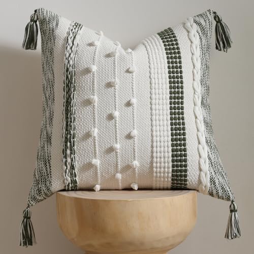DEZENE Boho Pillow Cover 18x18 Olive Green Handmade Woven Textured Throw Pillow Case with Cordings Tassels Decorative Accent for Couch Sofa Bed Farmhouse Living Room Bedroom Home Decor - Image 1