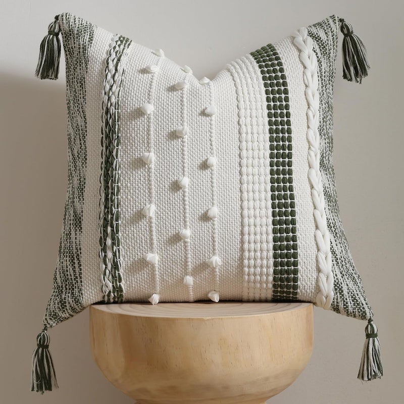DEZENE Boho Pillow Cover 18x18 Olive Green Handmade Woven Textured Throw Pillow Case with Cordings Tassels Decorative Accent for Couch Sofa Bed Farmhouse Living Room Bedroom Home Decor - Image 2