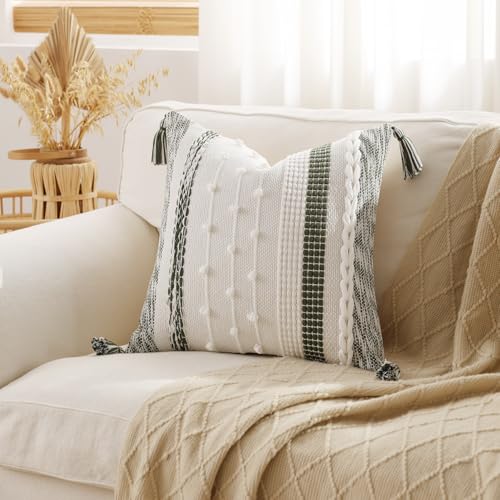 DEZENE Boho Pillow Cover 18x18 Olive Green Handmade Woven Textured Throw Pillow Case with Cordings Tassels Decorative Accent for Couch Sofa Bed Farmhouse Living Room Bedroom Home Decor - Image 3