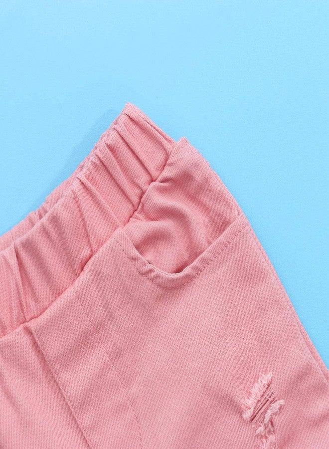ICECTR Toddler Baby Girls Kid Flared Denim Pants Ruffled Wide Legs Ripped Jeans High Waist Bell Bottoms Casual Outfit (Pink, 2-3T) - Image 3