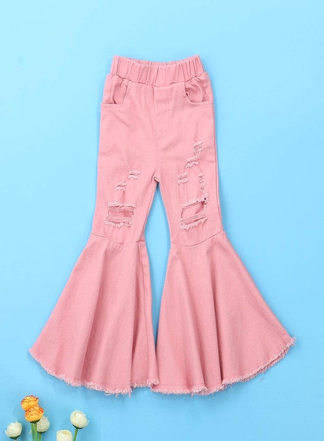 ICECTR Toddler Baby Girls Kid Flared Denim Pants Ruffled Wide Legs Ripped Jeans High Waist Bell Bottoms Casual Outfit (Pink, 2-3T) - Image 2