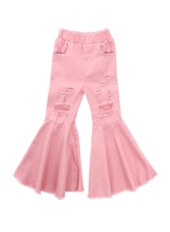 ICECTR Toddler Baby Girls Kid Flared Denim Pants Ruffled Wide Legs Ripped Jeans High Waist Bell Bottoms Casual Outfit (Pink, 2-3T) - Image 1