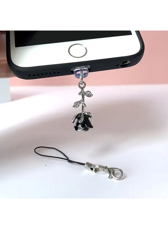 3D Black Rose Alloy Phone Dust Plug For iPhone 6 14 Pro Max With Rope Charm - Image 1