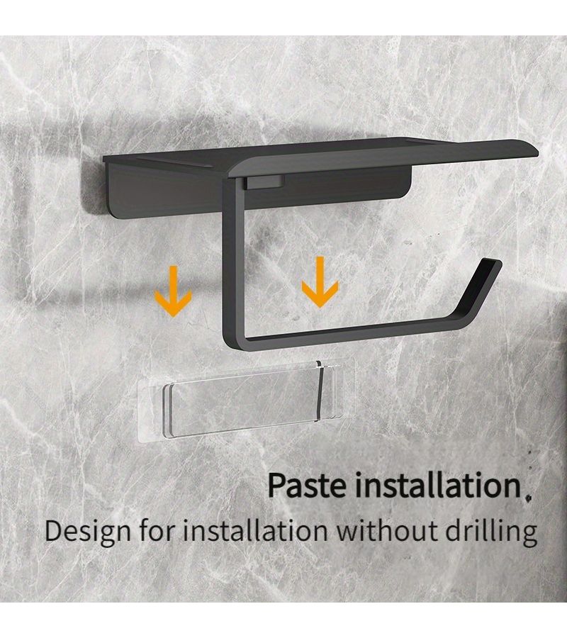 Black Adhesive Wall Mount Toilet Paper Holder No Drilling ABS Shelf - Image 1