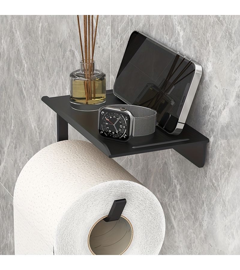Black Adhesive Wall Mount Toilet Paper Holder No Drilling ABS Shelf - Image 3