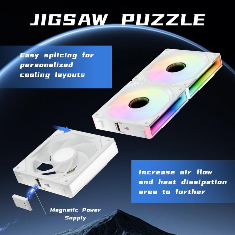 Jungle Leopard مراوح حاسوب 120 مم من نوع جاكلوبارد إنترستيلار V1، وحدة مرآة لانهائية متسلسلة 5V ARGB PWM، حزمة ثلاثية مناسبة لصندوق الكمبيوتر وتبريد المعالج (أبيض عكسي) - Image 5