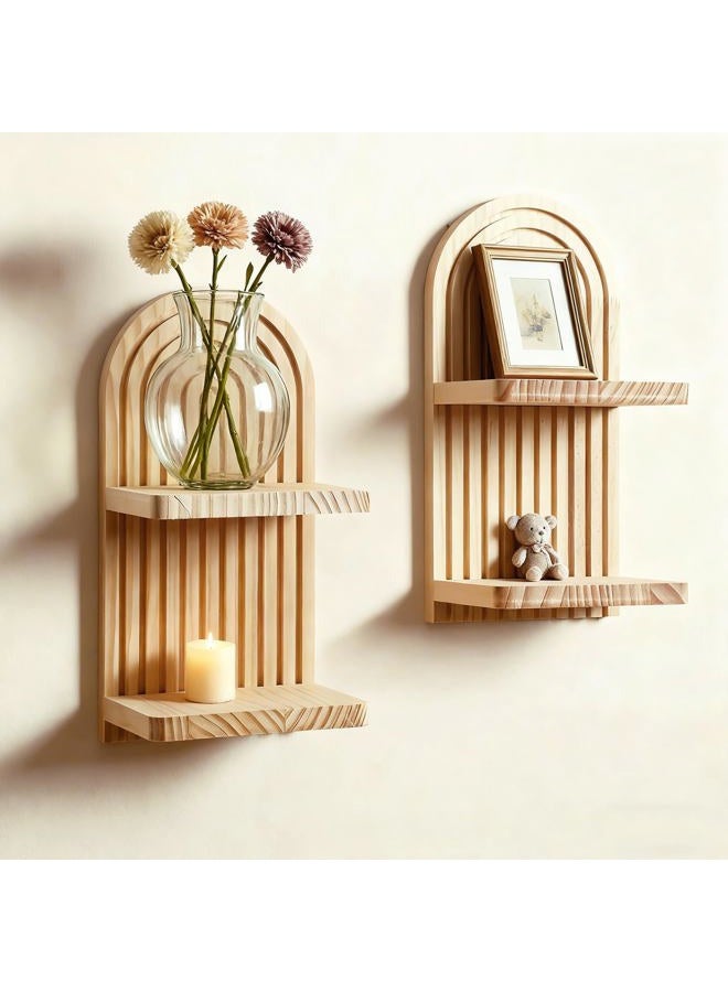 Artilady 2 Pack Boho Wall Hanging Shelves - 2 Tier Handmade Rainbow Arch Solid Wood Floating Shelf Wall Decor Trinket Storage Rack for Bedroom Living Room Nursery Bathroom - Image 1