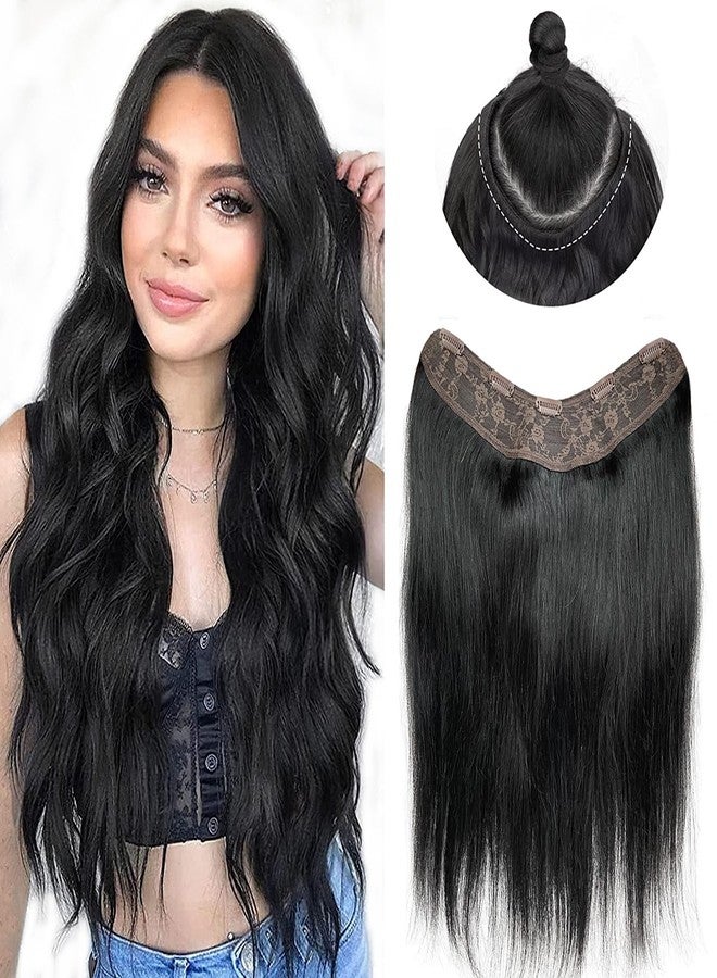 Smartinnov V Shape Clip In Hair Extensions - 22 Inch Real Human Hair, Jet Black, Double Weft Seamless One Piece, 100G - Image 1