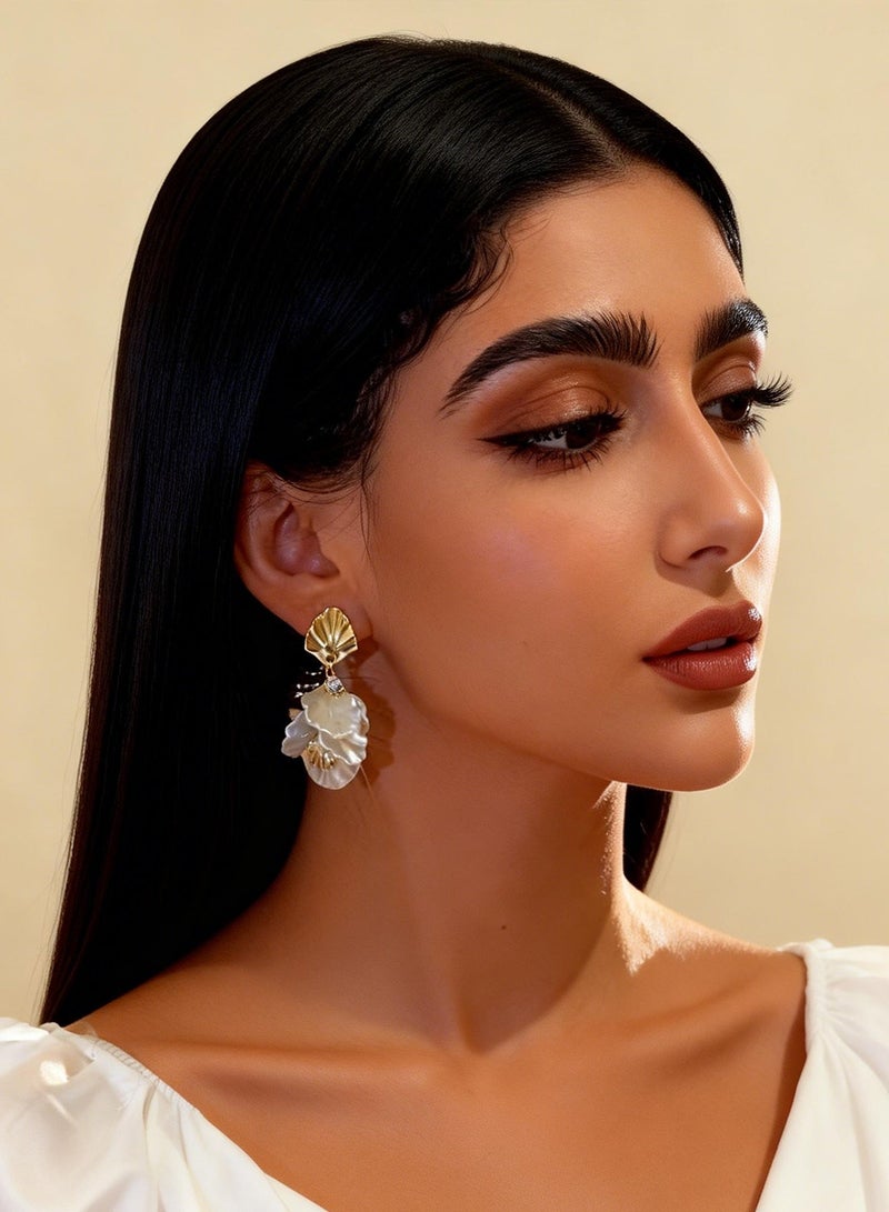 أقراط متدلية على شكل بتلات وشراشيب للنساء، دبابيس فضة 925 مضادة للحساسية، تصميم زهرة من الصدف متدلية ومجوهرات أنيقة لافتة، مناسبة للاستخدام اليومي وهدية مدروسة لها - Image 5