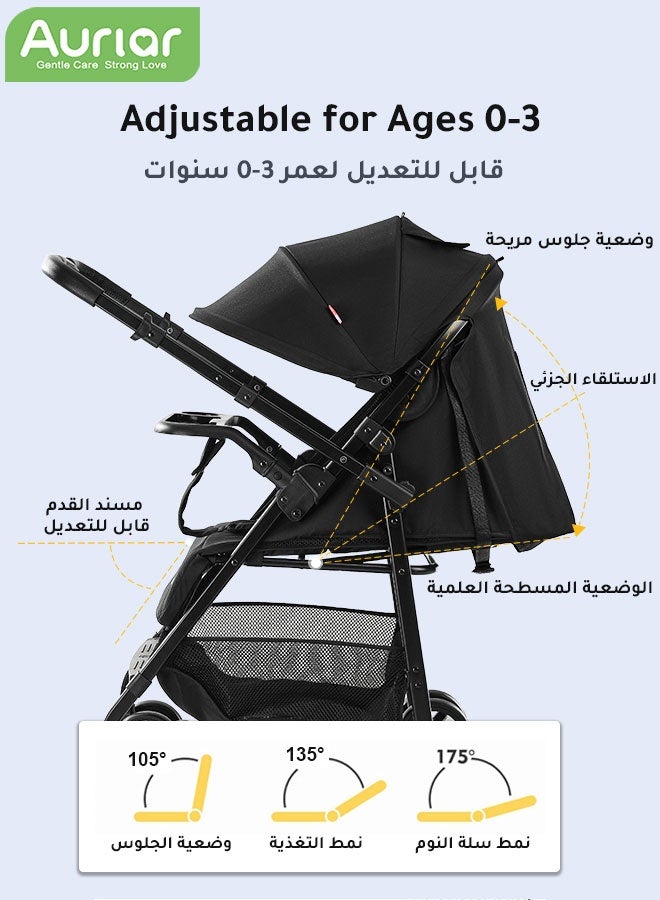 Aurlar Two-Way Baby Stroller, Lightweight Travel Pushchair with Tray, Extra-Large Canopy, Shock-Absorbing Wheels & One-Click Compact Fold, with Mosquito Net & Storage Basket, for 0–36 Months - Image 5