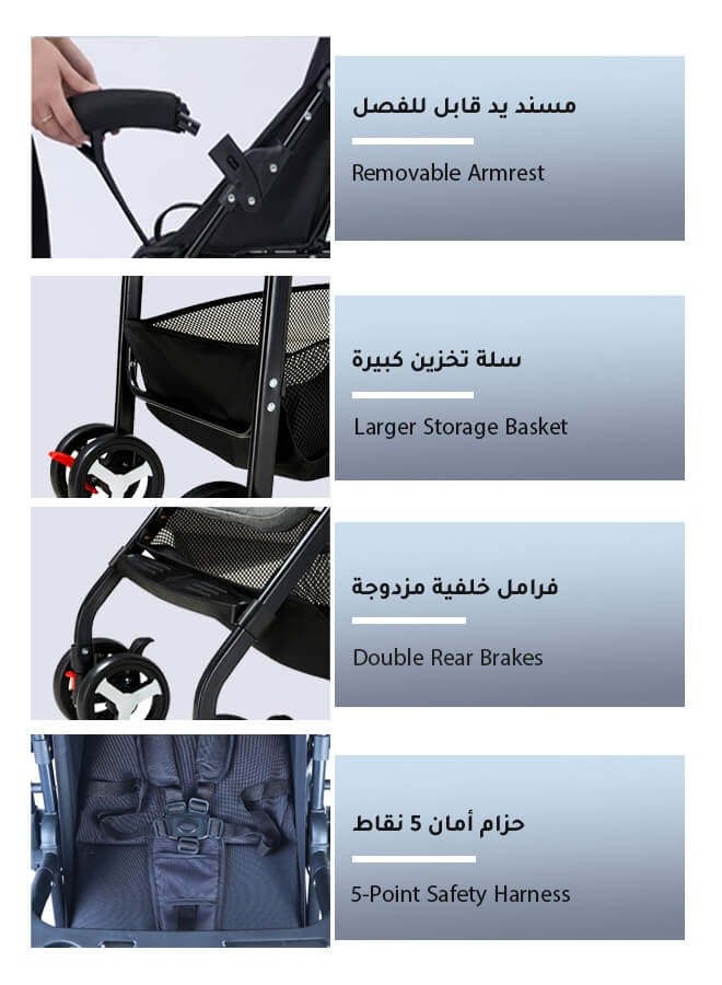 Aurlar Two-Way Baby Stroller, Lightweight Travel Pushchair with Tray, Extra-Large Canopy, Shock-Absorbing Wheels & One-Click Compact Fold, with Mosquito Net & Storage Basket, for 0–36 Months - Image 4