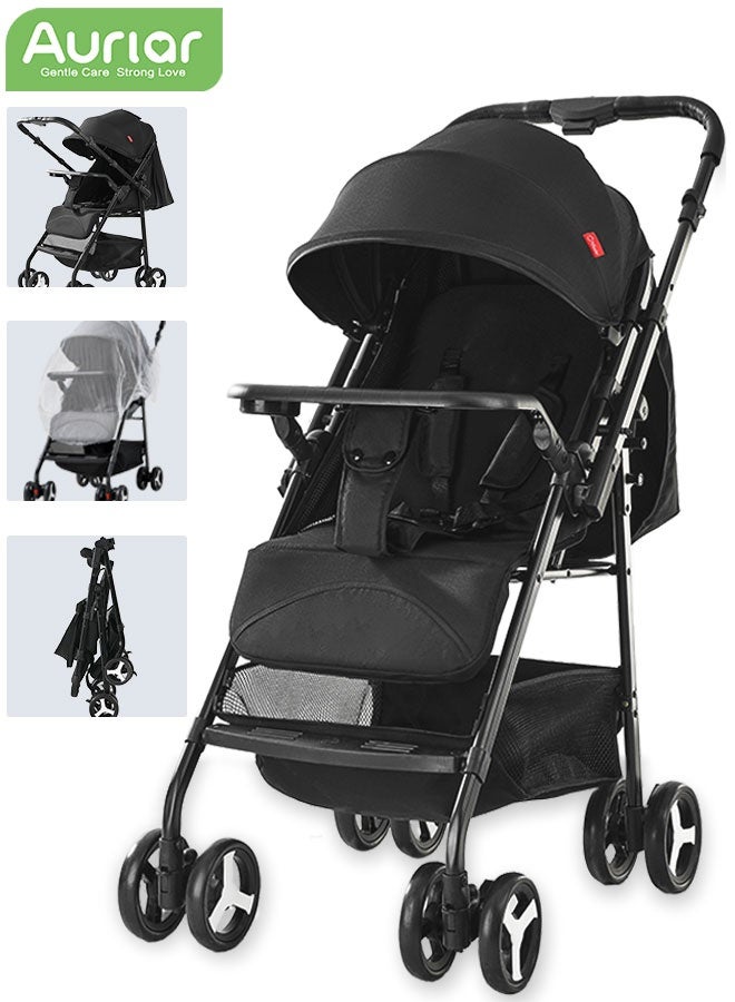 Aurlar Two-Way Baby Stroller, Lightweight Travel Pushchair with Tray, Extra-Large Canopy, Shock-Absorbing Wheels & One-Click Compact Fold, with Mosquito Net & Storage Basket, for 0–36 Months - Image 1